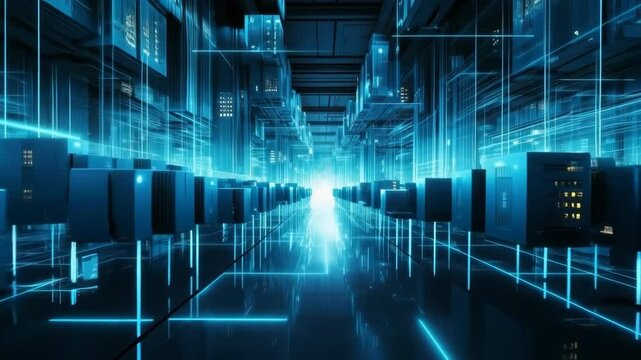 Server room network communication futuristic technology animation