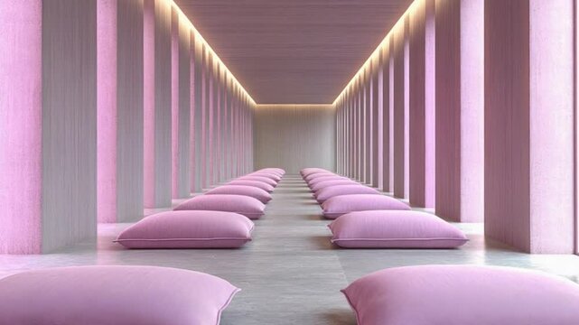 A serene, minimalist meditation space, lined with soft pink cushions, creating a tranquil, lengthwise corridor with pale gray walls