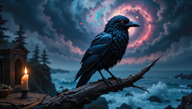 Dark raven sits on a weathered branch overlooking a stormy coastal scene under a dramatic twilight sky.  A luminous celestial event is visible behind the bird.