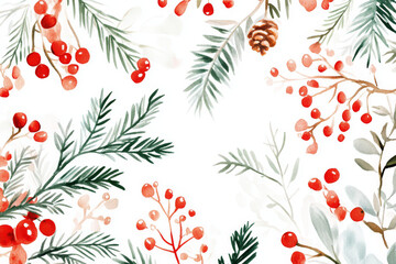 Winter background with hand painted watercolor foliage and red berries, creating festive