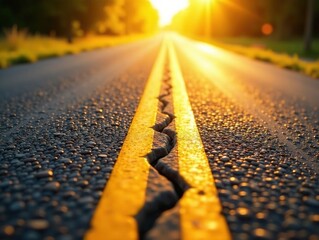 Warm sunlight on coarse road, broken yellow stripes showing age , path, country
