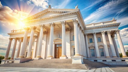 Obraz premium Grand historic building with white marble facade and imposing pillars under a blue sky with sunlight filtering through , Architecture, Marble Facade