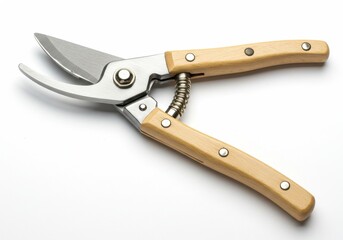 Close-up of a pair of pruning shears with wooden handles and a silver blade against a white backdrop