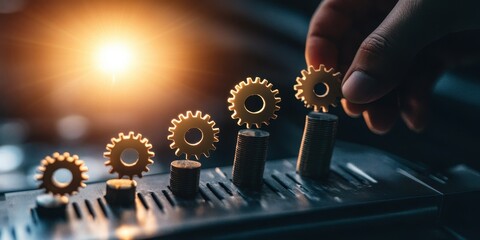 Gear Progression: A hand carefully places a gear atop a lever, symbolizing strategic progress and mechanical advancement, underscored by warm, motivational lighting.