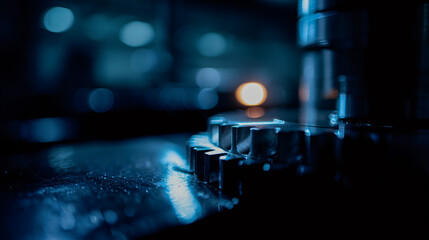 High tech industrial equipment with polished metal gear, under soft blue lighting in a manufacturing plant environs