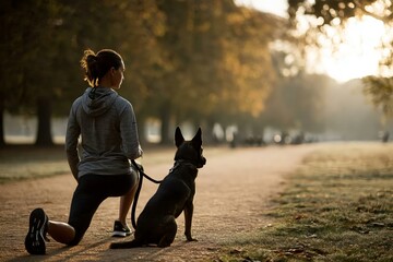 Woman Exercising Outdoors with a Dog in a Serene Park Setting