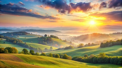 Softly glowing sun casts a warm light on rolling hills and lush greenery under a pastel sky with hues of pale pink, blue, and yellow, soft focus, gentle colors