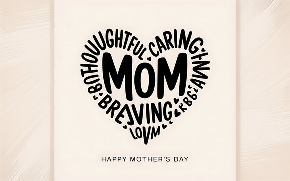 Inspirational heart-shaped word art design highlighting loving and thoughtful traits of moms for Mother’s Day



