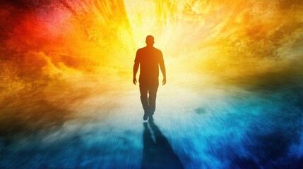 Obraz premium Journey into the Light: Silhouette of an individual confidently strides forward, toward the brilliant light. A vivid testament to hope, transcendence, and the pursuit of a brighter future.