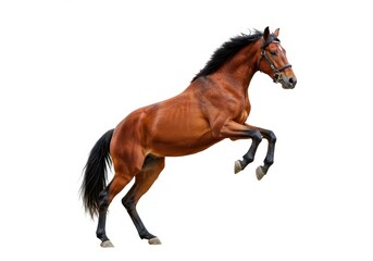 Fototapeta premium A powerful chestnut horse rearing up on its hind legs against a stark white background
