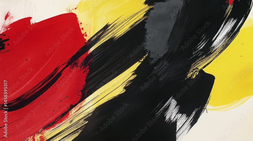 Poster bold strokes of color: a dynamic interplay of red, black, and yellow strokes dances across the canva