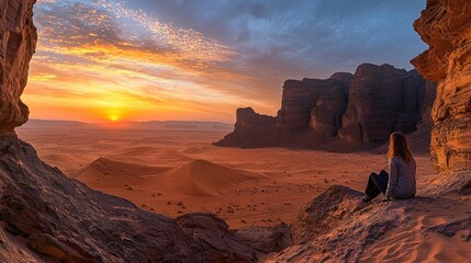 Stunning desert sunrise vista with seated figure.