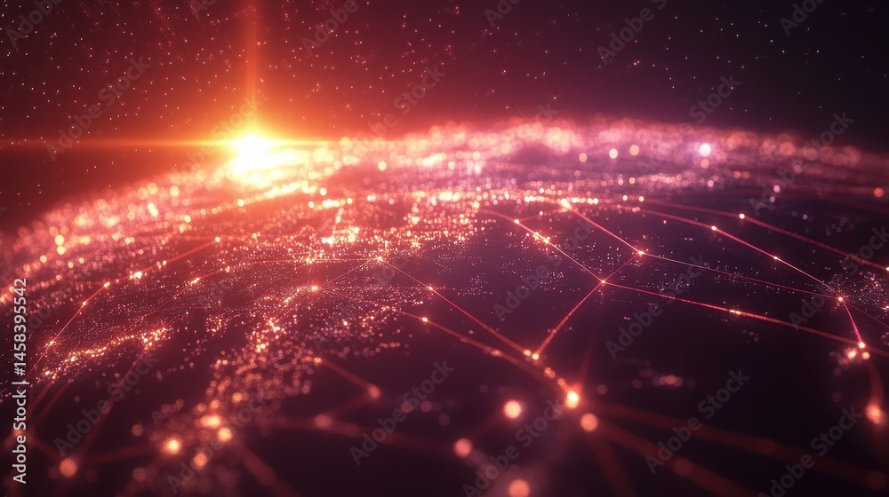 Poster global connectivity and data flow: a mesmerizing view of planet earth, engulfed in a web of data str