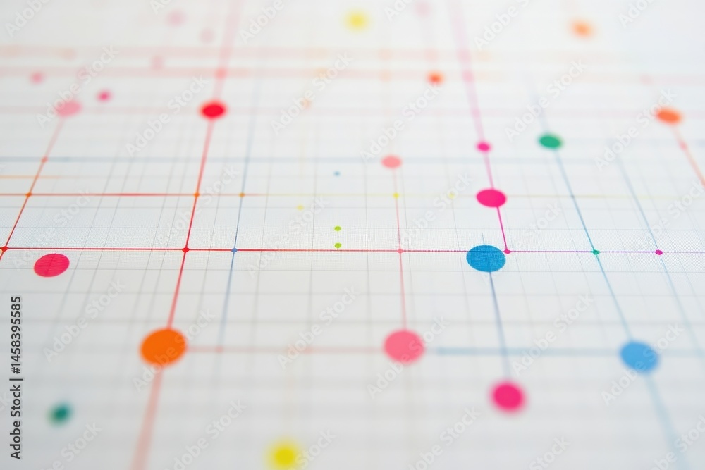 Poster colorful grid: abstract and intricate design with colored dots connecting on a white grid background