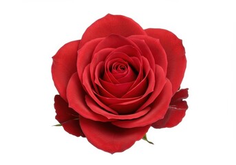 Close-up of a vibrant, velvety red rose in full bloom, isolated against a clean white background