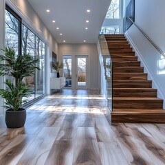 Obraz premium Modern home entryway, wooden staircase, sunlight, floor, plant