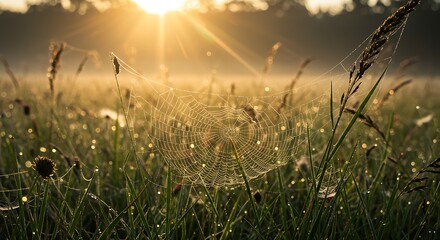 Obraz premium Spiderweb with Dew Drops in a Meadow at Sunrise