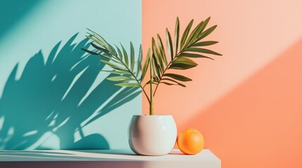 Obraz premium Tropical shadows of palm leaves on pastel colored wall with minimal decor elements and vase