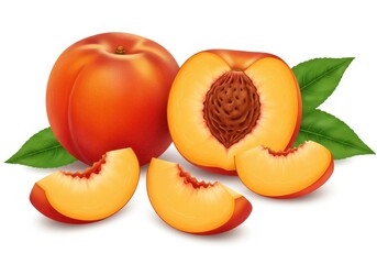 Fresh nectarines with slices and green leaves on a white background, perfect for a healthy snack or dessert