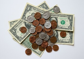 A close-up of united states currency featuring dollar bills and loose change on a white surface