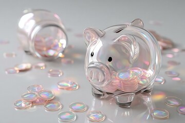 Transparent Glass Piggy Bank with Colorful Coins on White Surface