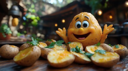 Cheerful potato character with arms raised smiles among baked halves garnished with herbs on rough wooden surface, on a transparent background, PNG image, PNG file.
