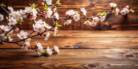 Branches of a flowering cherry on a brown table in spring , Wooden decor