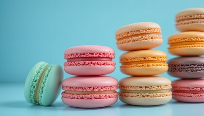 Obraz premium Colorful macarons stacked in a row against a pale blue background.