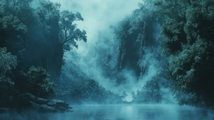 Enigmatic Teal Serenity: A Mystical Fog-Shrouded Lake Nestled Within a Lush, Verdant Rainforest