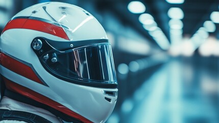 Obraz premium Motorcycle helmet in modern station with futuristic lighting depth and transportation scene concept