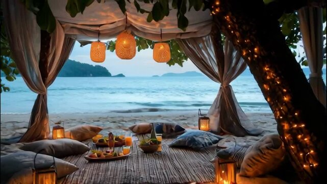 A beach scene with a canopy and lanterns hanging from it. The lanterns are lit and the canopy is open, creating a cozy and intimate atmosphere