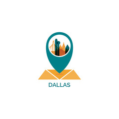 USA Dallas map pin point, geolocation, skyline shape vector logo, icon, isolated illustration. United States of America, Texas state city emblem with landmarks