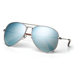 Stylish aviator sunglasses with reflective blue lenses isolated on white background