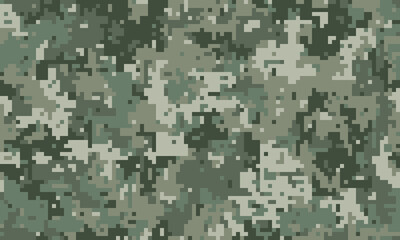 Abstract digital camouflage pattern.  Versatile background texture in muted greens and grays, ideal for military, tactical, or gaming designs.  Concealment, protection, and strategy themes.