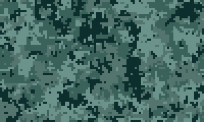 Abstract digital camouflage pattern.  Seamless pixelated texture in muted greens and blacks. Ideal for backgrounds, military themes, or tech designs.