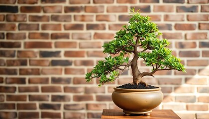 Bonsai tree in pot against brick wall