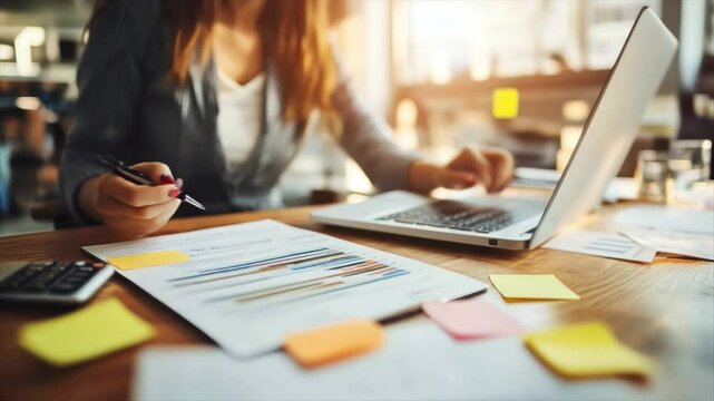 Accountant or manager working at computer making notes and performing calculations