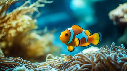 Clownfish swimming near coral in underwater sea life scene with colorful aquatic reef marine background