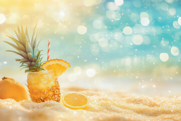 Refreshing Pineapple Cocktail on the Beach, space for text