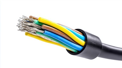 Cross-section of colorful electric wire with exposed cores. power cable and engineering detail