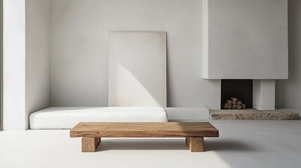 Modern minimalist living room interior design showcasing natural light and wood accents.