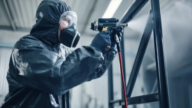 Powder coating of metal products, man wearing protective costume and the mask performing coating of the metal construction on the factory
