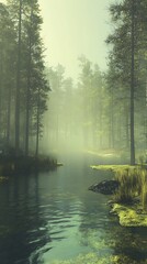 Fototapeta premium Misty forest river scene