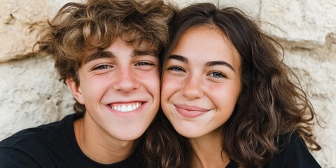 Happiness radiating from a joyful teenage couple enjoying a carefree moment together against a natural stone background emphasizing youthful connection and authenticity