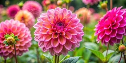 Fototapeta premium Vibrant bright pink dahlia blooms in a lush garden surrounded by bronze foliage, with intricate details and delicate petals , dahlia blooms, blooming flowers