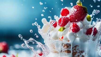 Ice cream with berries splash and cream dessert explosion sweet indulgence fresh fruit colorful motion food scene