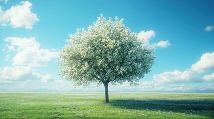 Fototapeta premium Solitary Springtime Tree in a Blooming Meadow Under a Sky of Blue