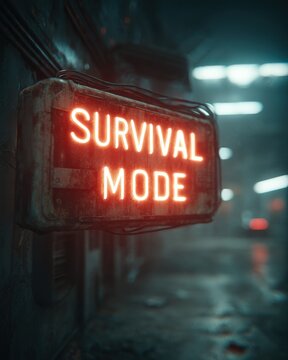 Economic Crisis concepts. Neon sign reading "Survival Mode" glows in a dim, moody, industrial setting.