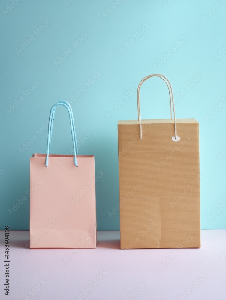 Aufkleber pastel shopping bag and cardboard box displayed side by side on a colorful background showcasing mod