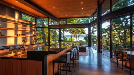 Home kitchen interior with bar counter, cabinetry, and large window view